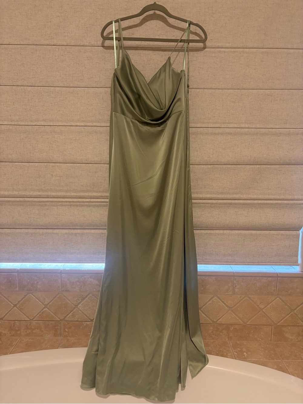 Olive Green Satin Slip Dress with Cowl Neck